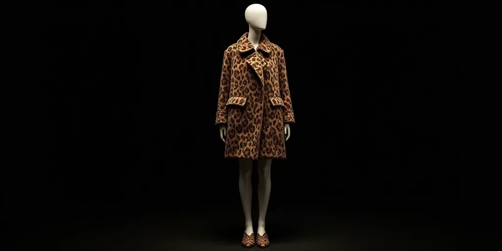 a mannequin dressed in a leopard print coat and matching shoes stands in front of a black background
