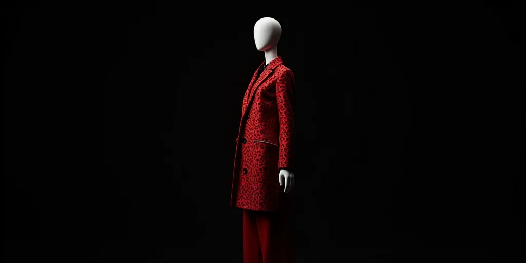 a mannequin dressed in a red leopard print coat and matching pants stands in front of a black backgr