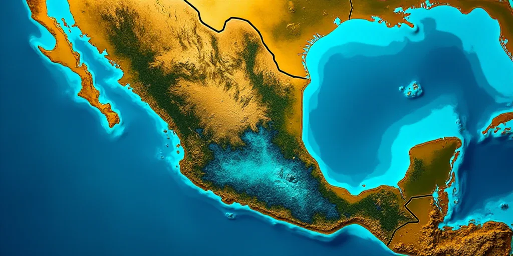 a map of mexico with a blue and yellow area in the middle of it and a green area in the middle of th