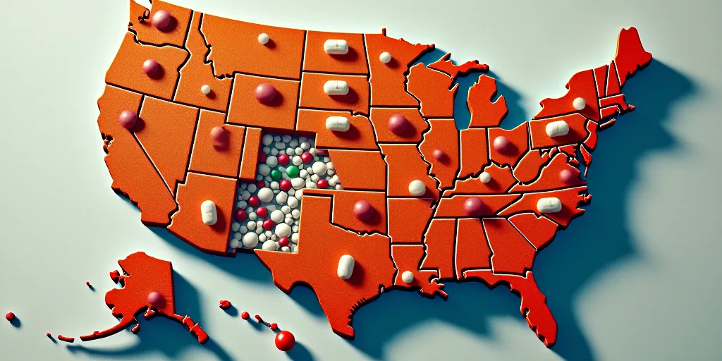 a map of the united states with pills spilling out of it and a bottle of pills spilling out of it, F