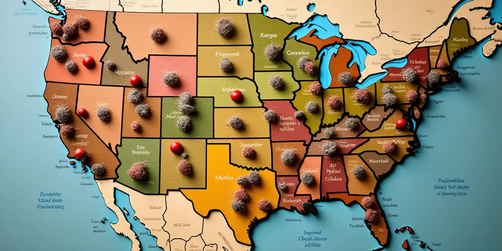 a map of the united states with a flag and a lot of magnets on it, and a flag pole, Evelyn Abelson,
