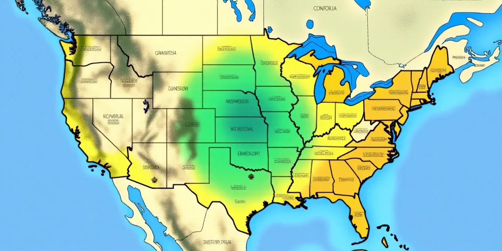 a map of the united states with a blue and yellow area in the middle of it and a green area in the m