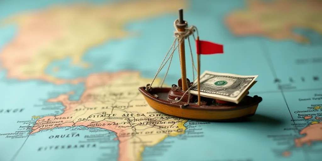 a map with a flag and a miniature boat on top of it with a lot of money sticking out of it, Aquirax