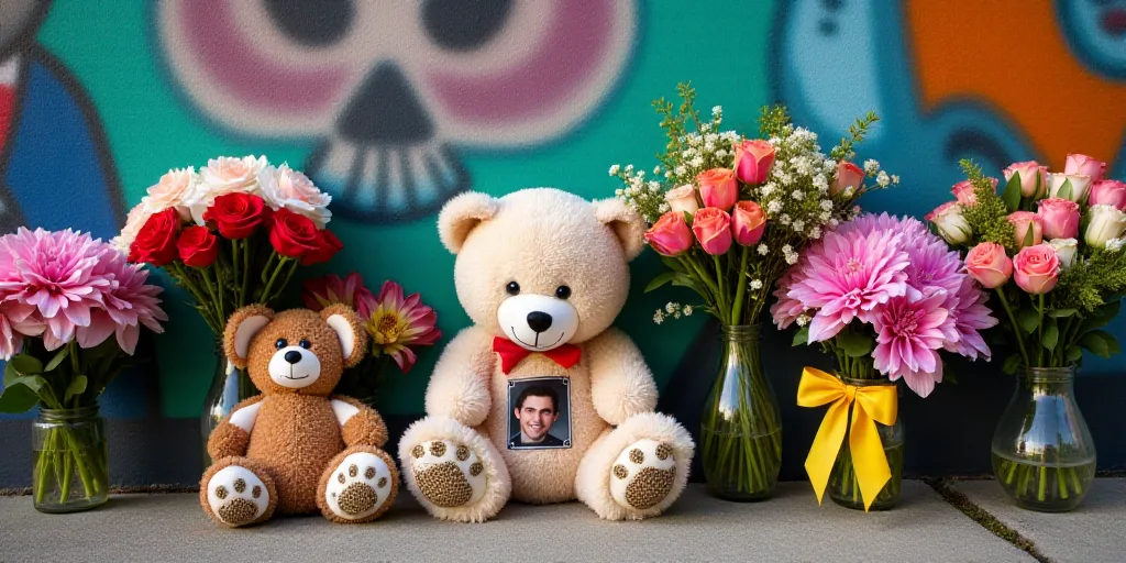 a memorial with flowers, a teddy bear and a picture of alex breitel on it and a yellow ribbon, Alfre