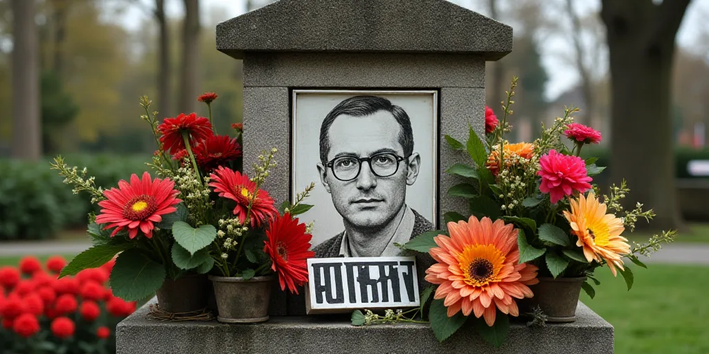 a memorial with flowers and a picture of a man with glasses on it and a sign that says war front, Al