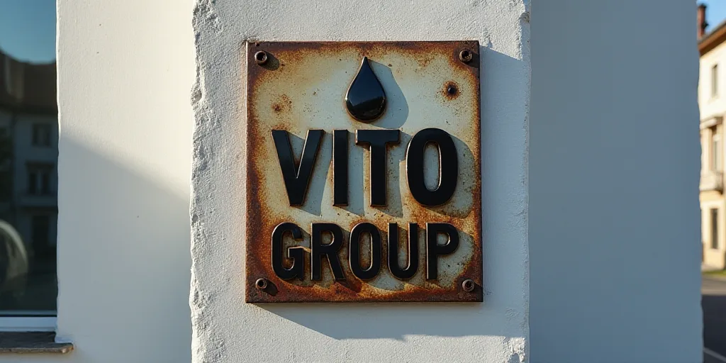 a metal sign that says vito group on it's side of a building with a drop of water, Avgust Černigoj,