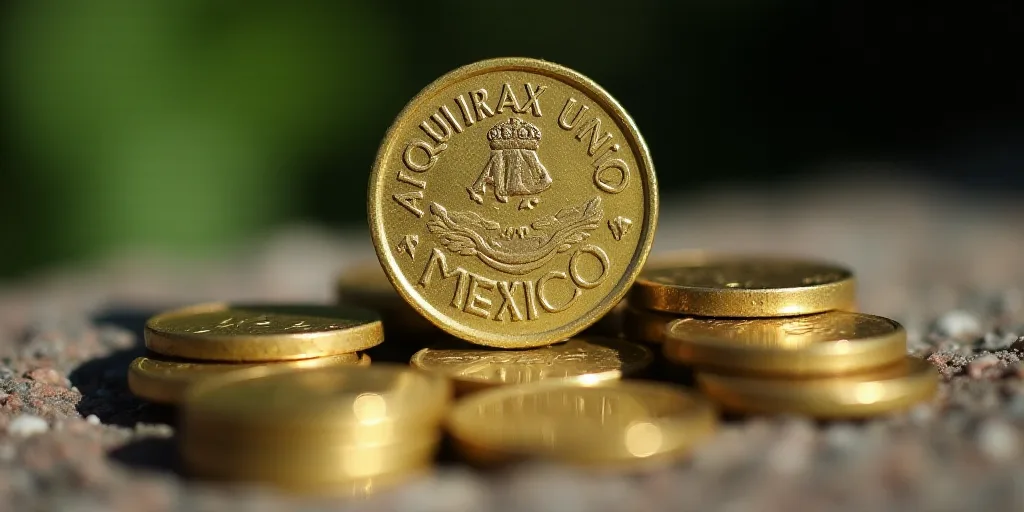 a mexican coin sitting on top of a pile of coins with the words mexico on it's side, Aquirax Uno, ma