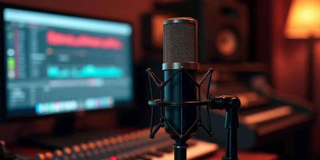 a microphone and a computer monitor in a recording studio or studio setting with sound recording equ