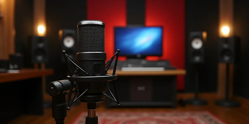 a microphone and a television in a recording studio with sound equipment in the background and a tel