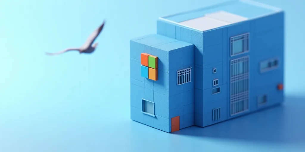a microsoft logo is on the side of a building that is blue and has windows on it and a bird is flyin