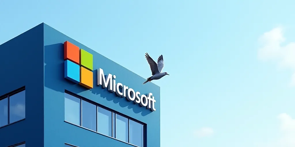 a microsoft logo is on the side of a building that is blue and has windows on it and a bird is flyin