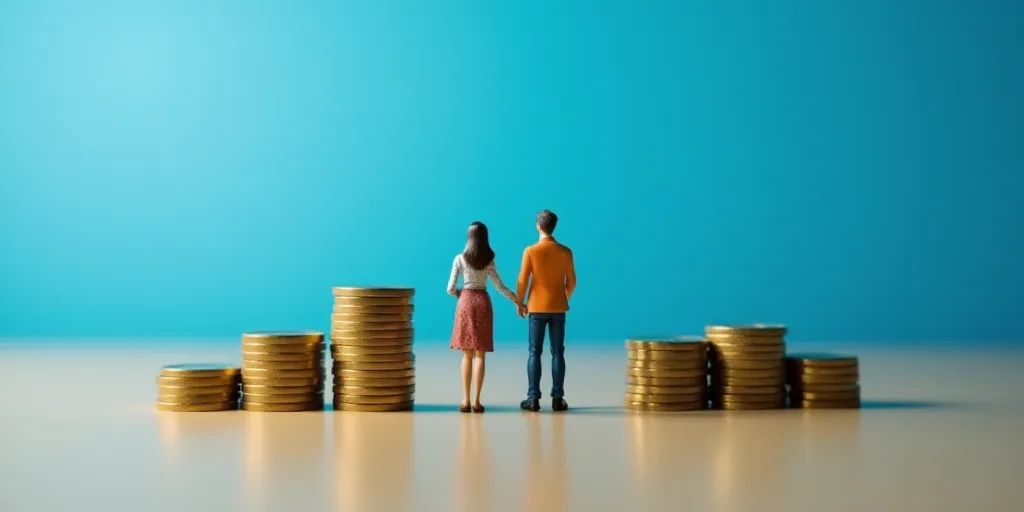 a miniature man and woman standing in front of stacks of coins on a table with a blue background and