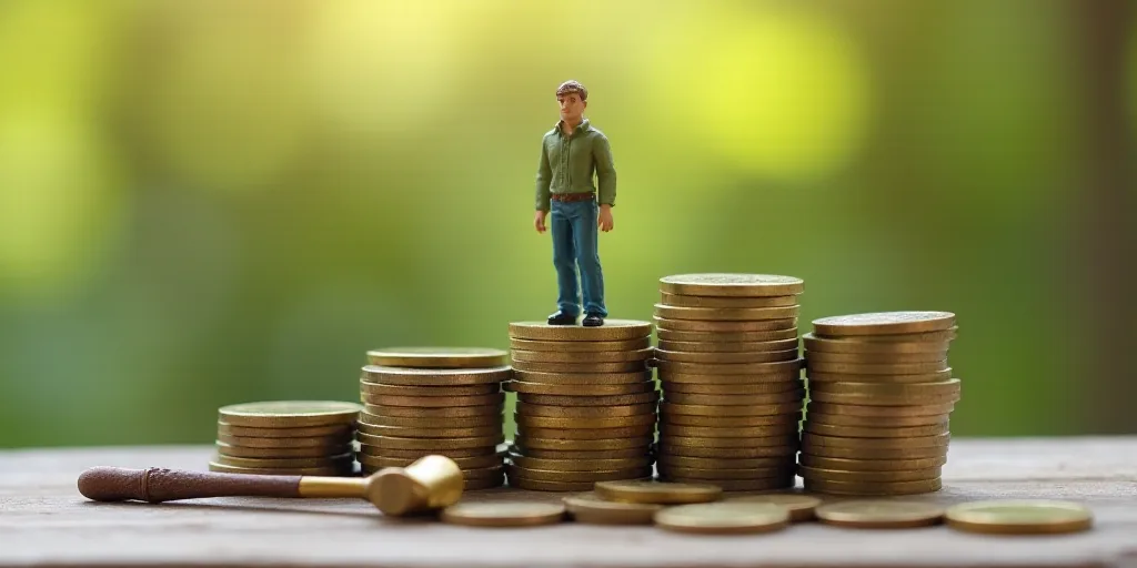 a miniature man standing on top of a pile of coins with a hammer in the middle of the stacks, Andrie