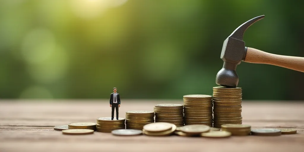 a miniature man standing on top of a pile of coins next to a pile of coins with a hammer, Andries St