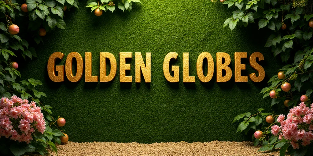 a moss covered wall with flowers and the words golden globes written in gold letters on it in front