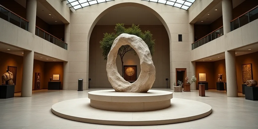 a museum with a large stone sculpture and other artifacts on display in it's center area, with a cir