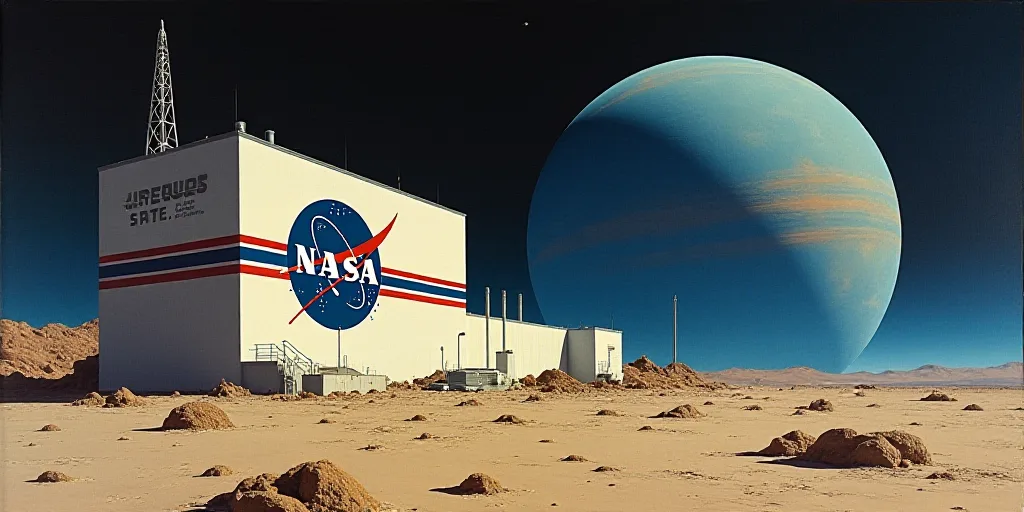 a nasa logo on a building with a red and white stripe on it's side and a blue circle with a red stri