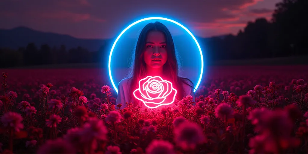 a neon sign with a picture of a person in a flowered field with a rose in the center, Alice Prin, ne
