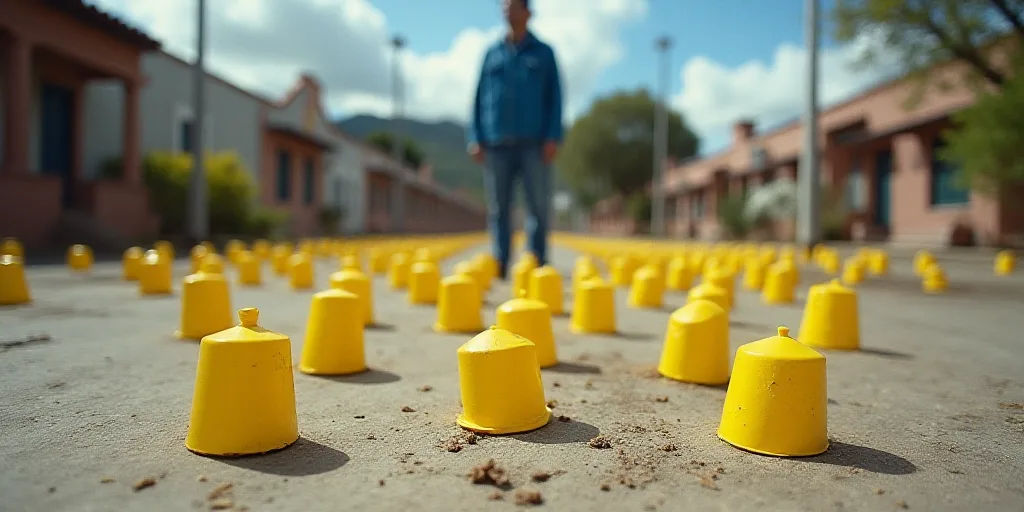 a number of yellow markers are on the ground near a person standing in the distance with a blue jack
