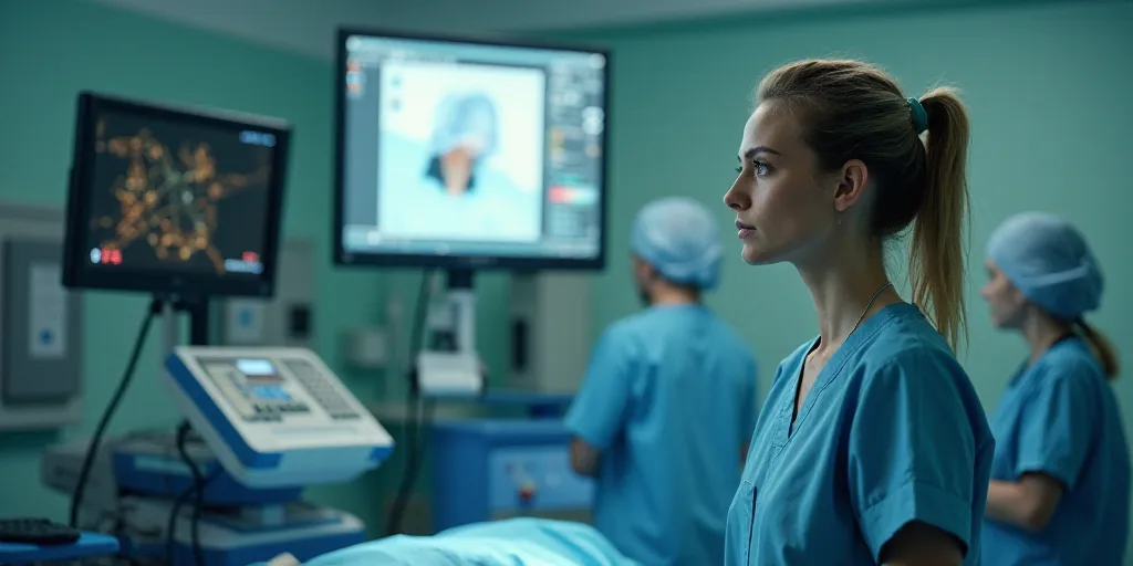 a nurse in a hospital operating room looking at a monitor screen and equipment on the wall behind he