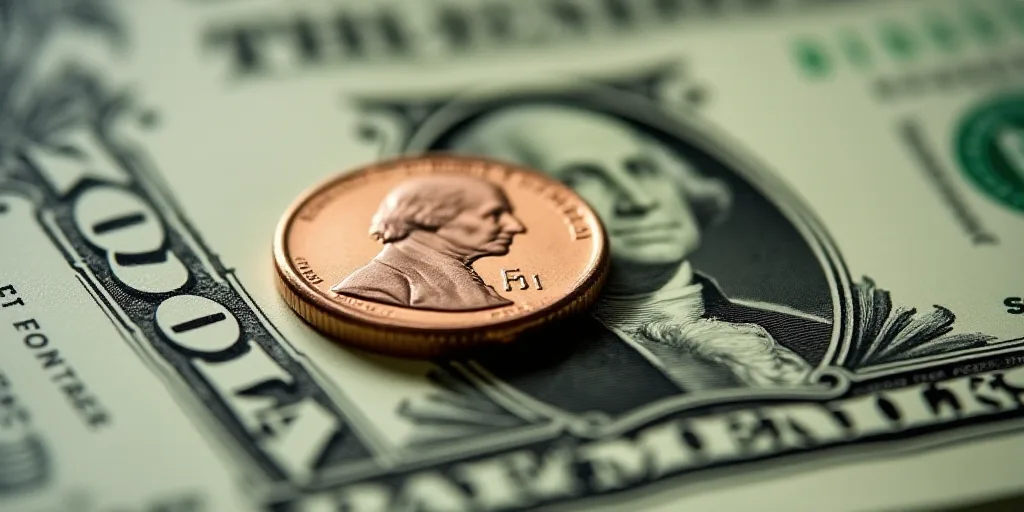 a one dollar bill with a penny on top of it, with the image of george washington on it, Charles Frem