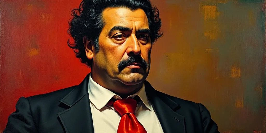 a painting of a man with a red tie and a black shirt on his neck and a white shirt on his chest, Die