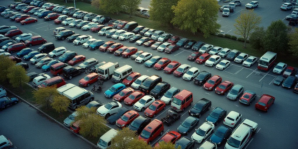 a parking lot filled with lots of parked cars next to each other on top of a parking lot next to a p