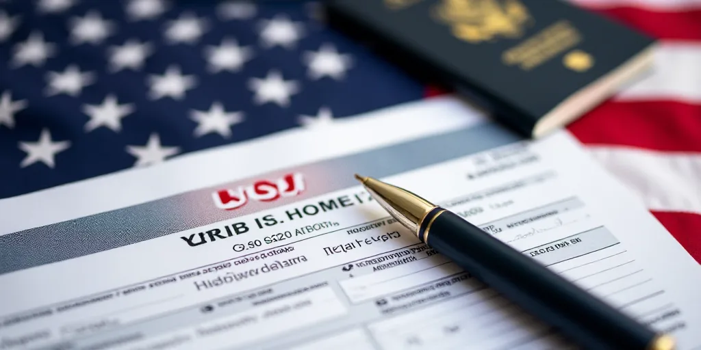 a passport and a pen sitting on top of a us visa form next to an american flag and a passport, Felix