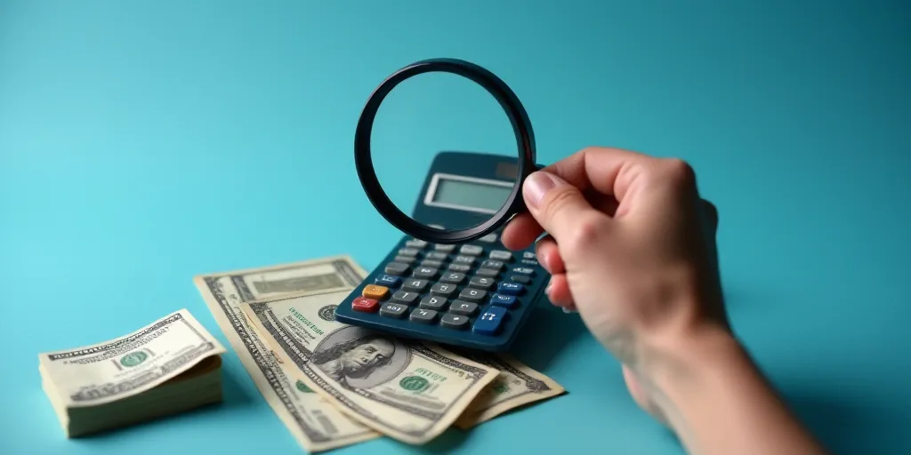 a person holding a calculator and magnifying glass over a pile of money with a blue background, Aqui