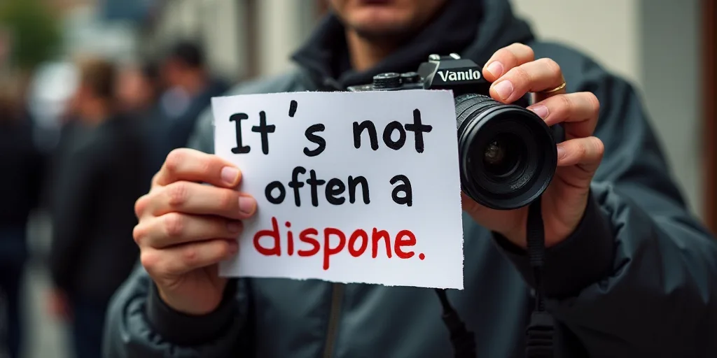 a person holding a camera and a sign that says it's not often a disposare, Carlos Trillo Name, offic
