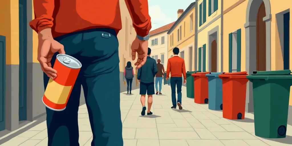 a person holding a can and a can of liquid in front of a street scene with garbage cans and people,