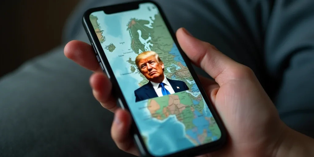 a person holding a cell phone with a map of the world on it and a picture of donald trump, Andries S