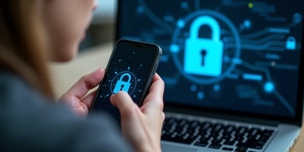 a person holding a cell phone and a laptop computer with a padlock on it and a padlock on the screen