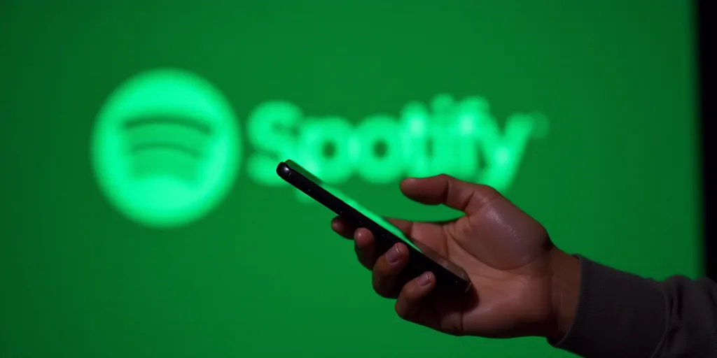 a person holding a cell phone in their hand with a spotify logo in the background and a spotify logo