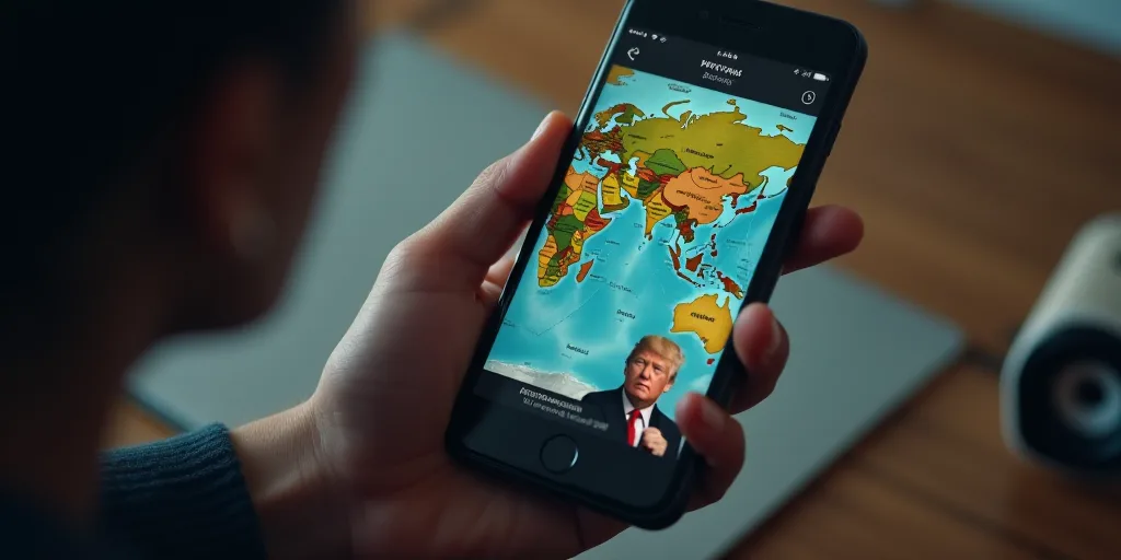 a person holding a cell phone with a map of the world on it and a picture of donald trump, Andries S