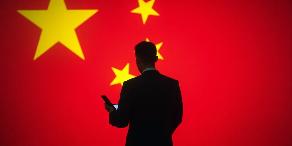 a person holding a cell phone in front of a flag of the united states of china and the logo of the c
