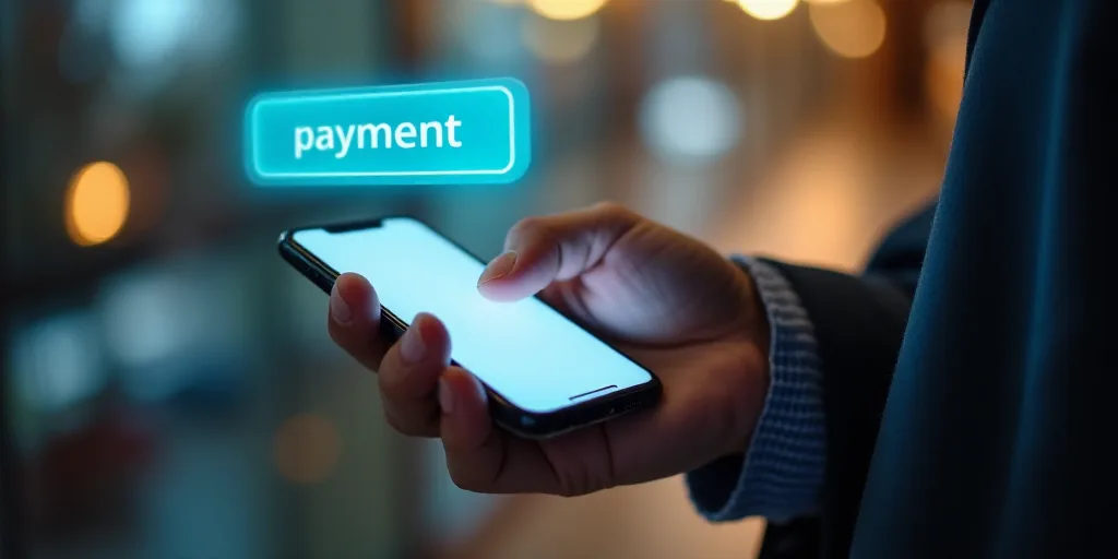 a person holding a cell phone with a payment screen on it and a payment button on the screen above t