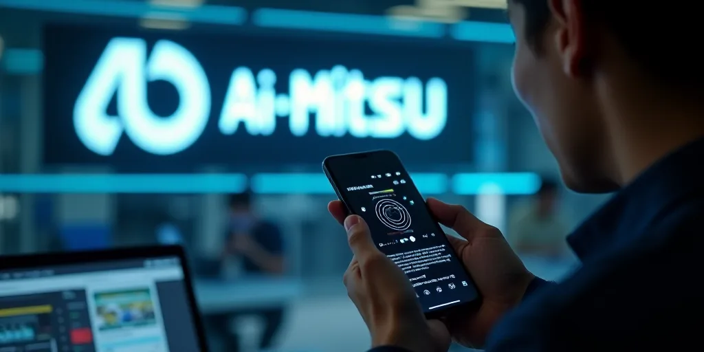 a person holding a cell phone in front of a sign with the logo of a company on it and a person holdi