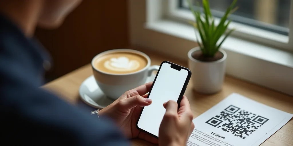 a person holding a cell phone next to a cup of coffee and a drink on a table with a qr code on it, D
