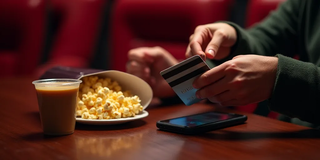 a person holding a credit card and a cell phone next to a box of popcorn and a drink on a table, Avg
