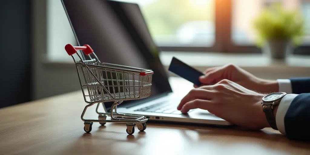 a person holding a credit card while using a laptop computer on a table with a shopping cart and a s
