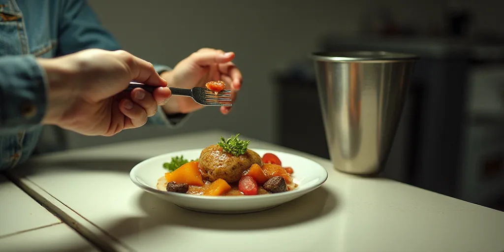 a person holding a fork and a plate with food on it on a table next to a trash can, Evelyn Abelson,