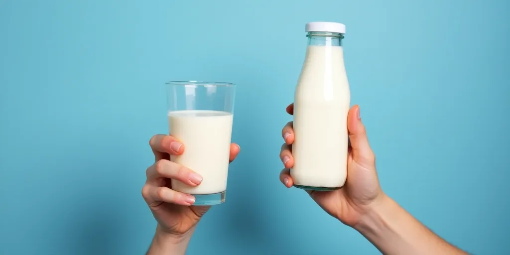 a person holding a glass of milk and a bottle of milk in their hands on a blue background with a blu