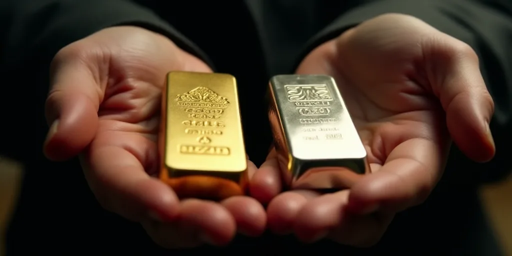 a person holding a gold and silver bar in their hands, both of them are gold bars, and the other one