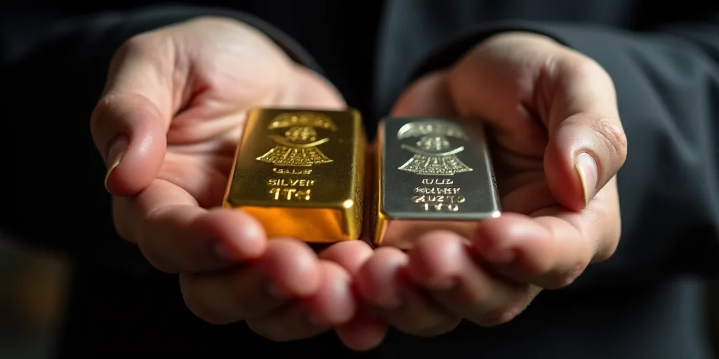 a person holding a gold and silver bar in their hands, both of them are gold bars, and the other one