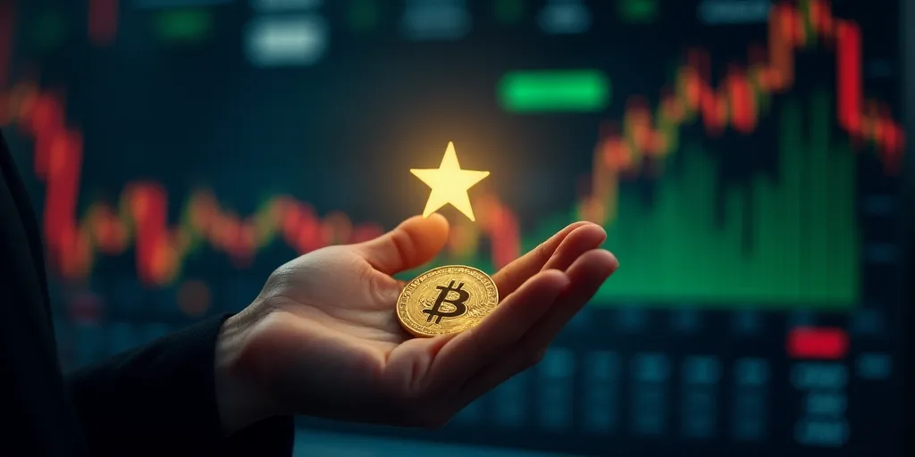 a person holding a gold coin in their hand with a star on the background of a stock market display,