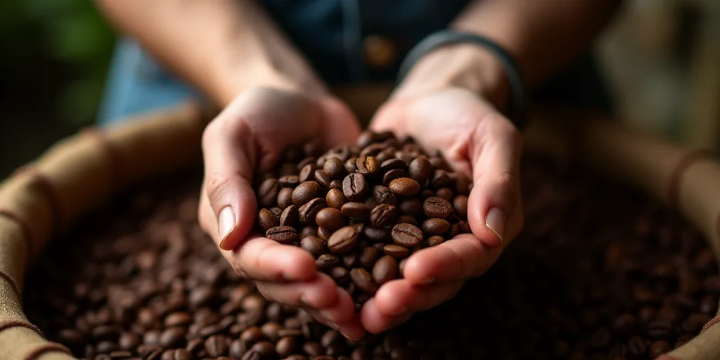 a person holding a handful of coffee beans in their hands, in a bin of coffee beans, in a pile, Cefe