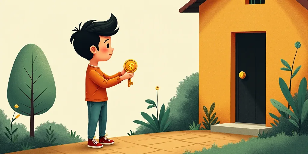 a person holding a house key and a gold coin in front of a house with a plant growing out of it, Avg