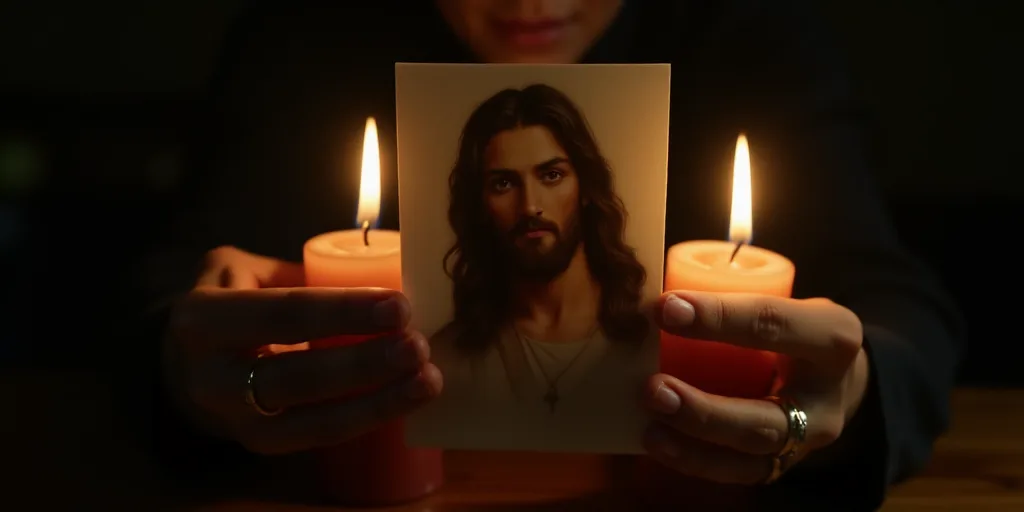 a person holding a lit candle and a card in their hand with a picture of jesus on it in front of a d