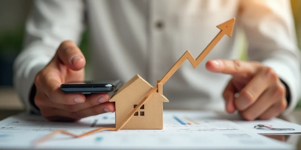 a person holding a phone and pointing to a house model with a rising graph behind it on a table, And